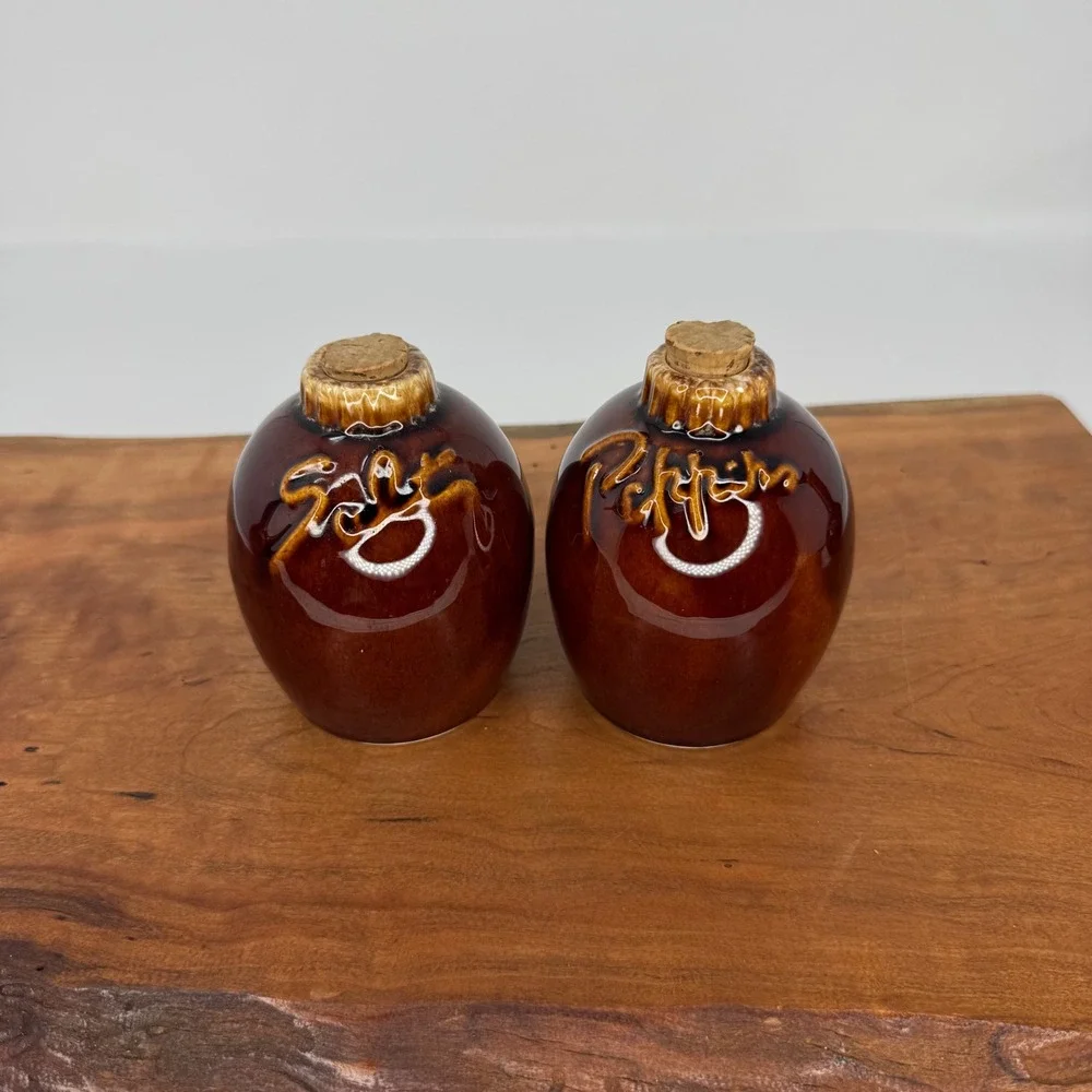 Vintage Hull Pottery Salt Pepper Oil Vinegar Set 4pc Mirror Brown Drip Glaze